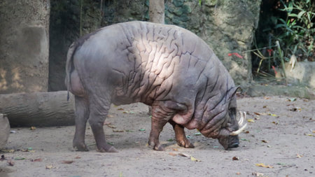 Wrinkled Babirusa Foraging on Sandy Ground in Natural Habitat with Stone and Log Backgroundの写真素材