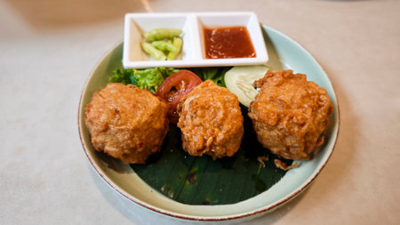 Crispy Fried Perkedel Tahu Served with Fresh Vegetables and Sweet Chili Sauce on a Banana Leaf Lined Plateの写真素材
