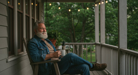 Senior White Man with Gray Hair and Beard Relaxing on Porch with Coffee in Denim Outfitの素材