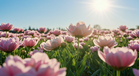 Blooming Pink Flowers in Sunny Spring Field at Sunriseの素材