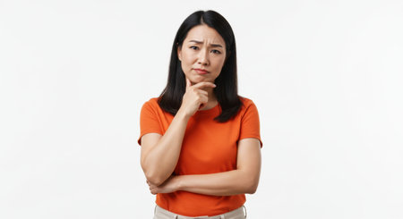 Thoughtful Asian Woman in Orange Shirt Expressing Doubt on White Backgroundの素材