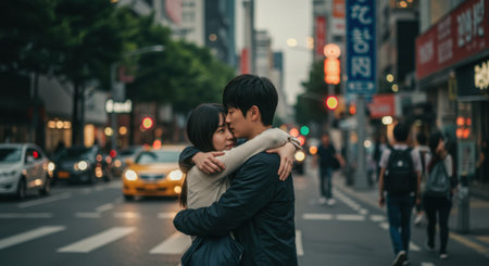 Romantic Asian Couple Hugging in the Middle of a Busy City Streetの素材