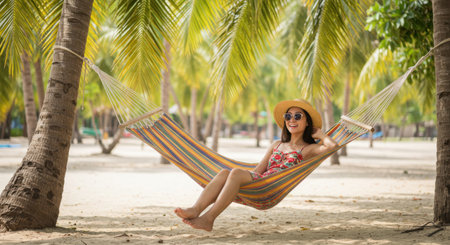 Happy Asian Woman Relaxing in Hammock on Tropical Beach Vacationの素材