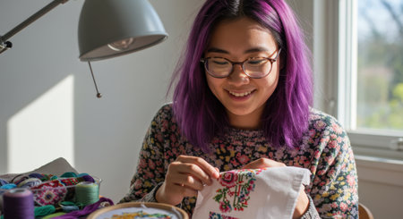 Smiling Asian Woman with Purple Hair Enjoying Cross Stitching in Bright Creative Spaceの素材