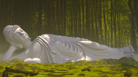 3D illustration of a buddha statue resting in a forest.の写真素材