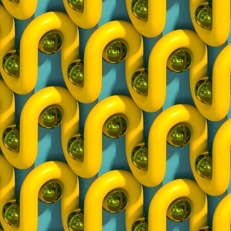 3D rendering of abstract yellow figures with green metallic spheres. On a blue backgroundの写真素材
