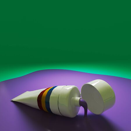 3d rendering of a pot spilling paint on the floor on a green backgroundの写真素材