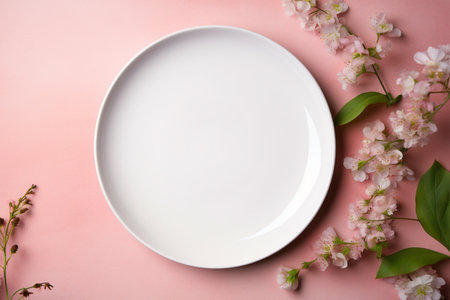 Empty plate and spring flowers on pink background, top view. Space for textの写真素材