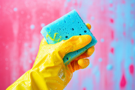 hand in yellow rubber glove with sponge and detergent on colorful backgroundの写真素材