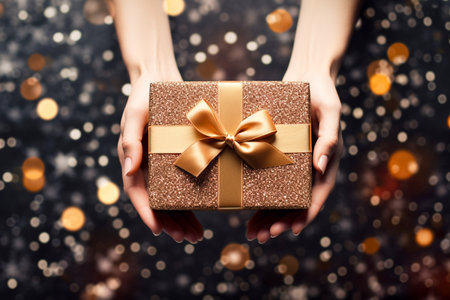 close up of woman hands holding christmas gift box on bokeh background
