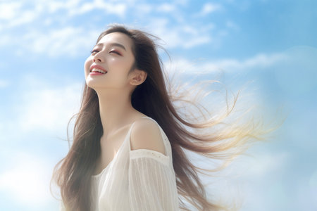 Portrait of beautiful asian woman with blue sky and white cloudの素材