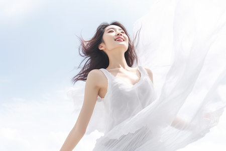 beauty asian woman smile and relax on the sky background, asianの素材
