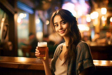Beautiful young woman drinking beer in a pub. Portrait of a smiling girl.の素材