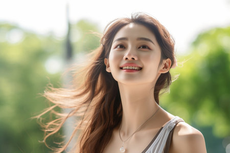 Portrait of beautiful asian woman smile and happy with nature background.の素材