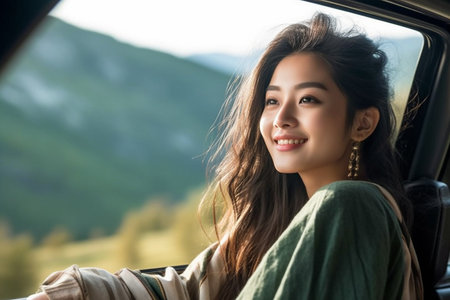 portrait of a beautiful asian woman sitting in car and smilingの素材