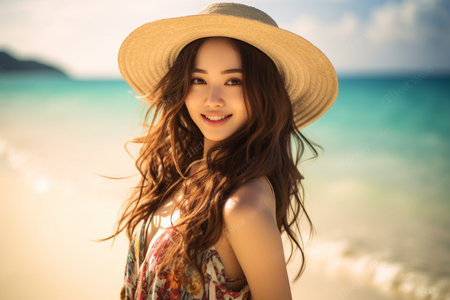 Portrait of beautiful young asian woman smile and happy on the beachの素材