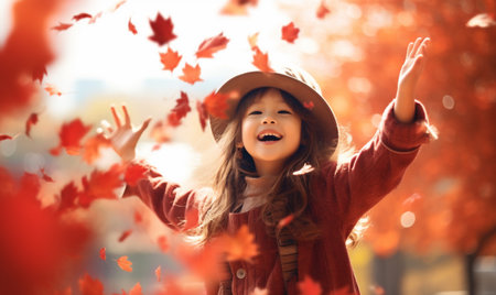 Portrait of a cute little girl in a hat on a background of autumn leavesの素材