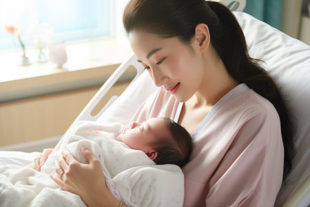 beautiful asian mother and her newborn baby on the hospital bedの素材