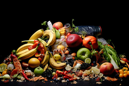 Fruits and vegetables in a trash can on a black background.の素材