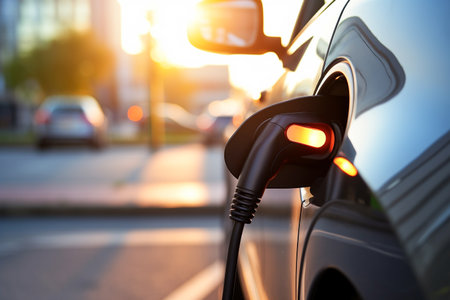 Charging an electric car from the power supply plugged into an electric carの素材