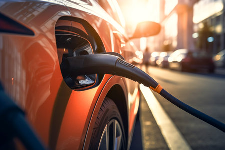 EV charging station for electric car in concept of green energy and eco power produced from sustainable source to supply to charger station in order to reduce CO2 emission.の素材