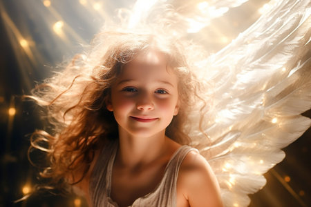 Beautiful little girl with angel wings on a background of golden lightsの素材