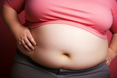 Fat woman with overweight belly on a pink background. Close-up.の素材