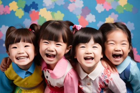 Happy asian little girls in chinese dress on colorful background.の素材