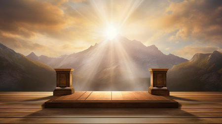 Wooden stage against scenic view of mountain range under sunlight at sunsetの素材