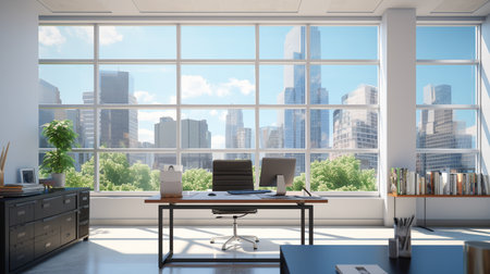 Modern office interior with panoramic window and city view. 3D Renderingの素材