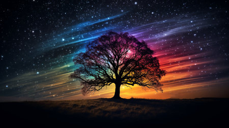 Silhouette of tree against aurora borealis in night skyの素材