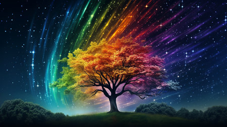 Magic landscape with a tree and stars. Illustration for your designの素材