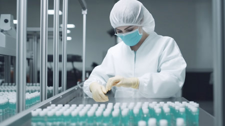 scientist in white coat and mask working with test tube in laboratoryの素材