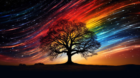 Silhouette of an oak tree against the background of a colorful starry skyの素材