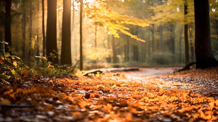 Autumn in the forest. Fallen leaves on the ground in the forest.の素材