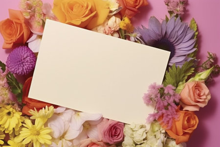 Beautiful bouquet of flowers with a blank card on a pink backgroundの素材