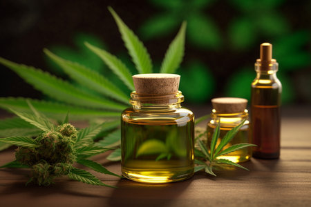 cannabis oil in a small bottle on a wooden table backgroundの素材