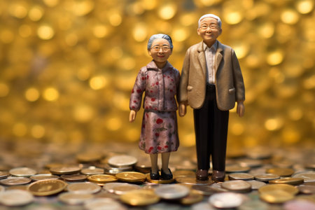 Miniature people: Old man and woman standing on coins with golden bokeh background.の素材