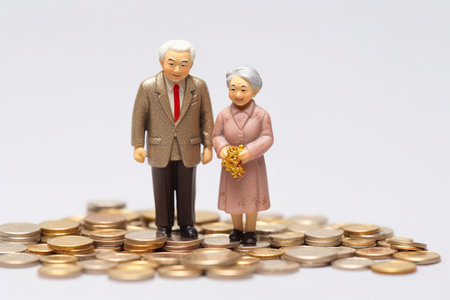 Miniature people: Senior couple standing on coins. Image use for retirement and retirement concept.の素材