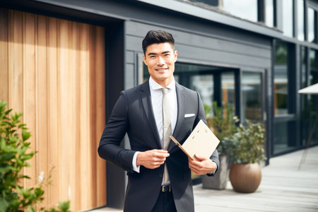 Portrait of a handsome young asian businessman in suit holding a clipboardの素材