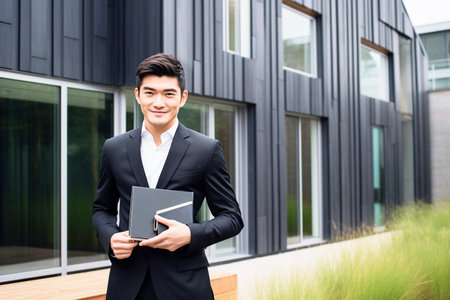 Portrait of a handsome asian businessman holding a notebook and smilingの素材