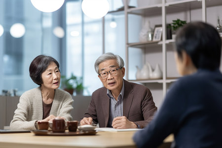 asian senior couple meeting with lawyer or financial advisor in modern officeの素材