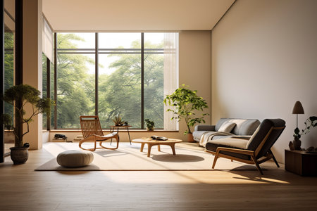 Interior of modern living room with brown sofa and wooden armchairsの素材