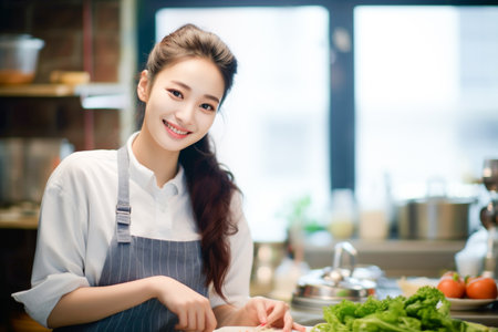 young asian woman preparing salad in the kitchen at home, lifestyle people conceptの素材