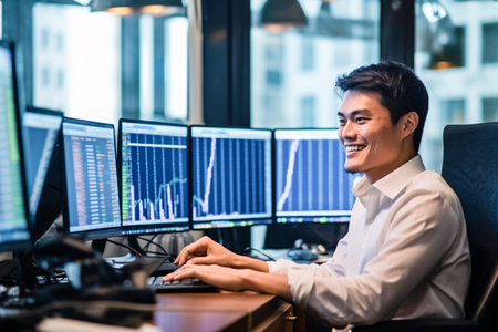 Young Asian businessman working with multiple computer monitors in the office. Business and finance concept.の素材