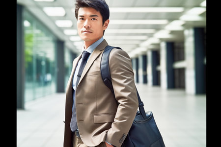 Portrait of a handsome asian businessman with briefcase at officeの素材