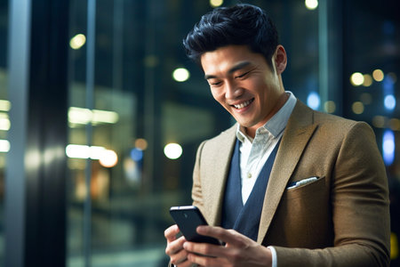 Portrait of a smiling asian businessman using mobile phone at nightの素材