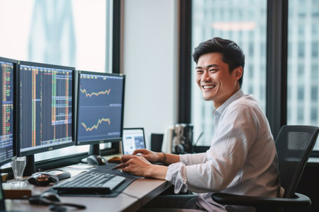 Portrait of young Asian businessman analyzing stock market data on multiple computer screens.の素材