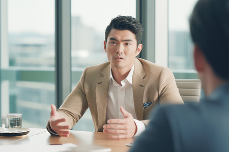 asian businessman talking with colleague at table in office and looking at cameraの素材