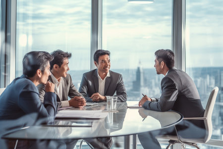 Business people discussing the charts and graphs showing the results of their successful teamworkの素材
